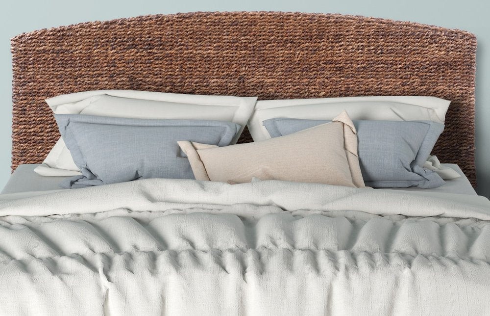 Brown Natural and Rustic Woven Banana Leaf Curved King Size Headboard on a white background
