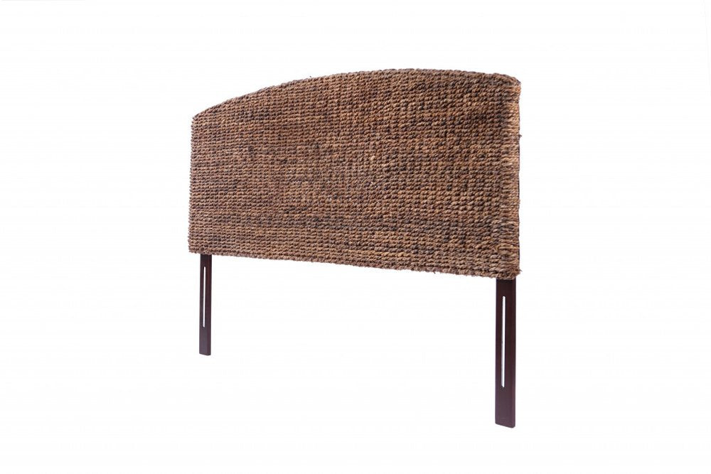Brown Natural and Rustic Woven Banana Leaf Curved King Size Headboard on a white background
