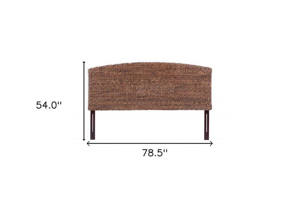 Brown Natural and Rustic Woven Banana Leaf Curved King Size Headboard on a white background