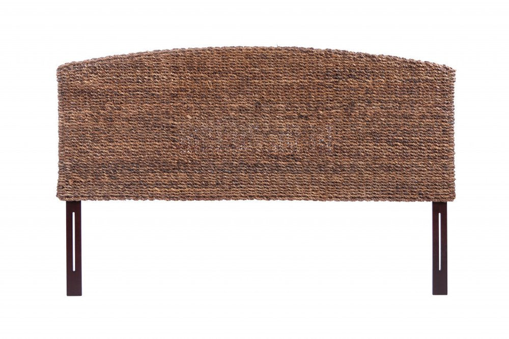 Brown Natural and Rustic Woven Banana Leaf Curved Queen Size Headboard on a white background