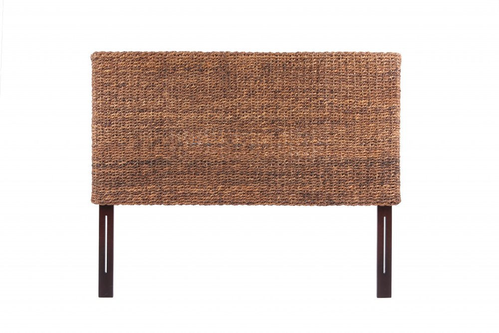 Brown Natural and Rustic Woven Banana Leaf Straight Queen Size Headboard on a white background