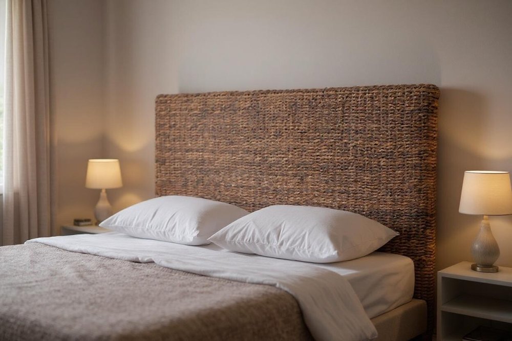 Brown Natural and Rustic Woven Banana Leaf Straight Queen Size Headboard in a home interior
