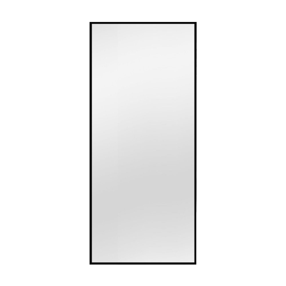 Rectangular black aluminum framed bathroom vanity mirror with a reflective surface against a white background.