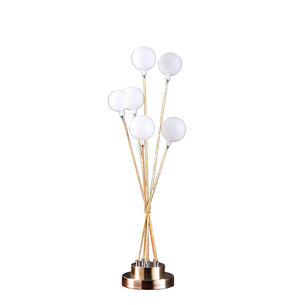 28" Yellow Gold Six Light Globe Desk or Table Lamp. Table lamp isolated on a plain white background, finished in gold.