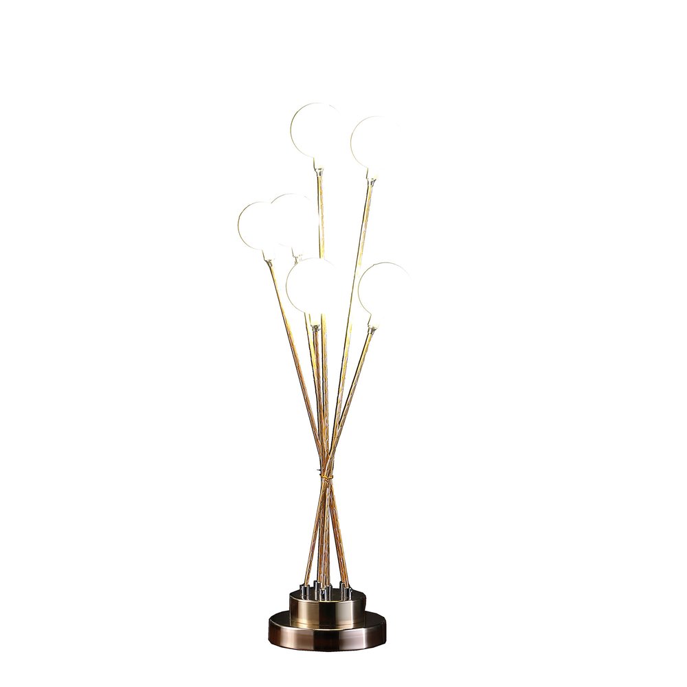 28" Yellow Gold Six Light Globe Desk or Table Lamp. Table lamp isolated on a plain white background, in a gold finish.