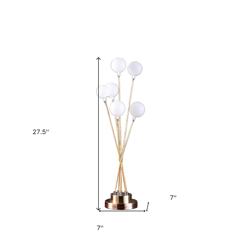 28" Yellow Gold Six Light Globe Desk or Table Lamp. Table lamp isolated on a plain white background, finished in yellow.