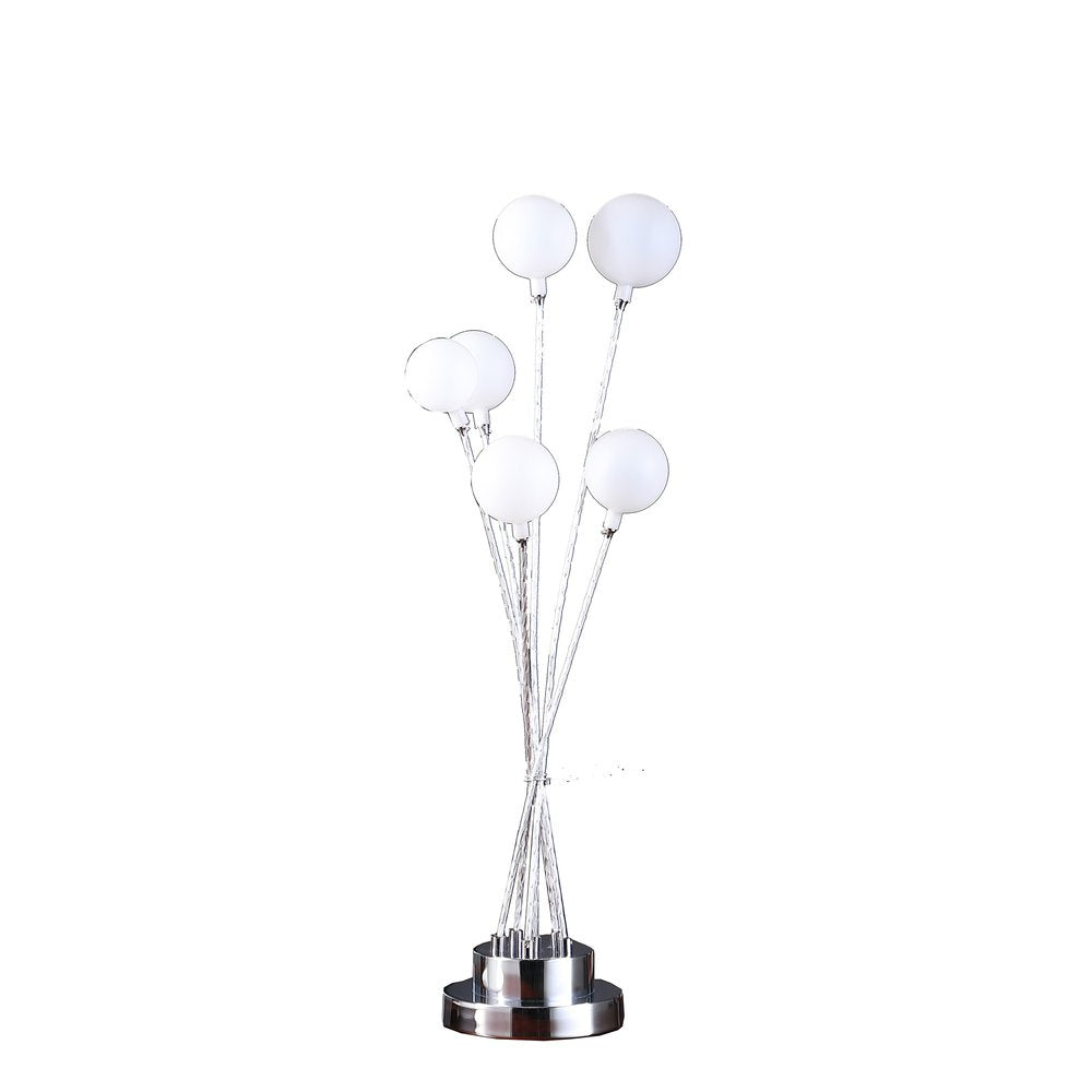 28" Silver Chrome Six Light Globe Desk or Table Lamp. Table lamp isolated on a plain white background, showing its silver color.