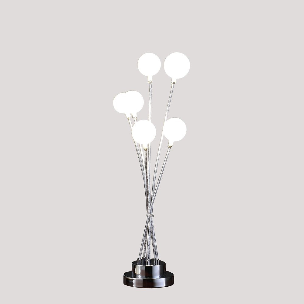 28" Silver Chrome Six Light Globe Desk or Table Lamp. Table lamp isolated on a plain white background, finished in silver.