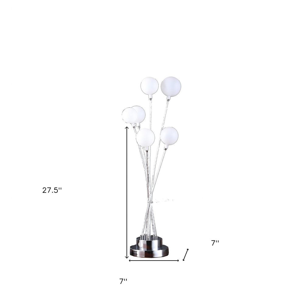 28" Silver Chrome Six Light Globe Desk or Table Lamp. Table lamp isolated on a plain white background, showing its silver color.