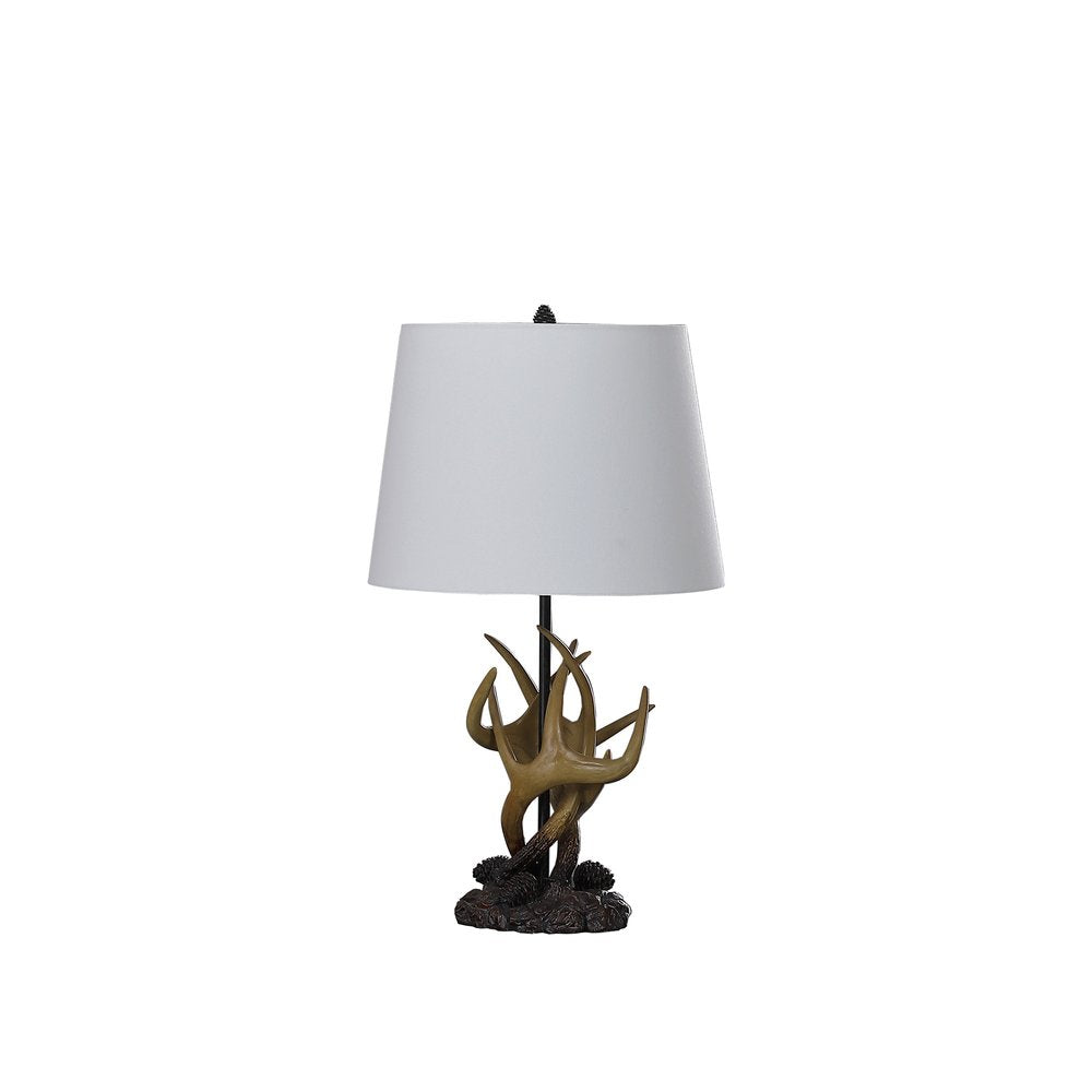 26" Natural And Brown Antlers Table Lamp With White Shade. Table lamp isolated on a plain white background, in a white finish.
