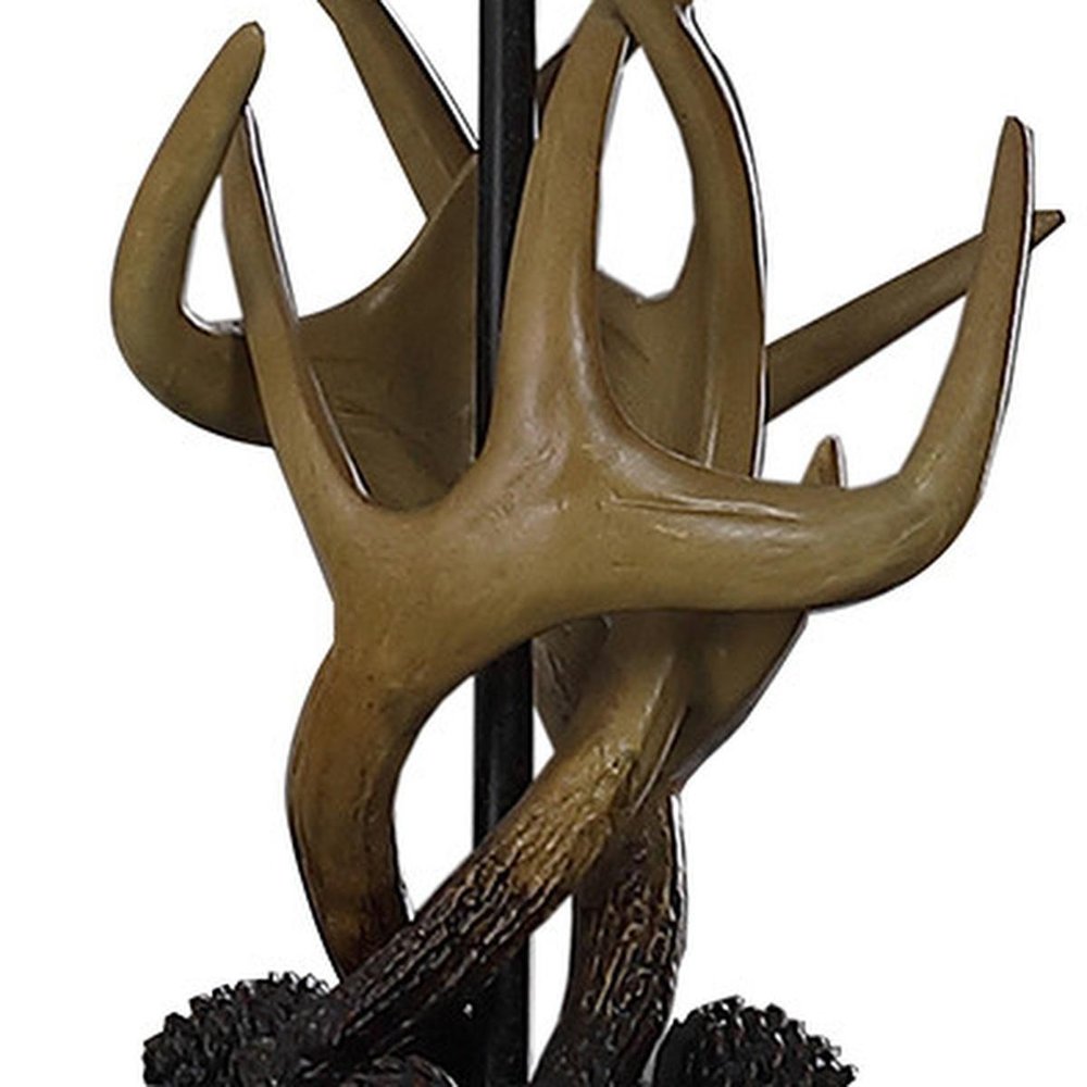 26" Natural And Brown Antlers Table Lamp With White Shade. Table lamp isolated on a plain white background, in a brown finish.