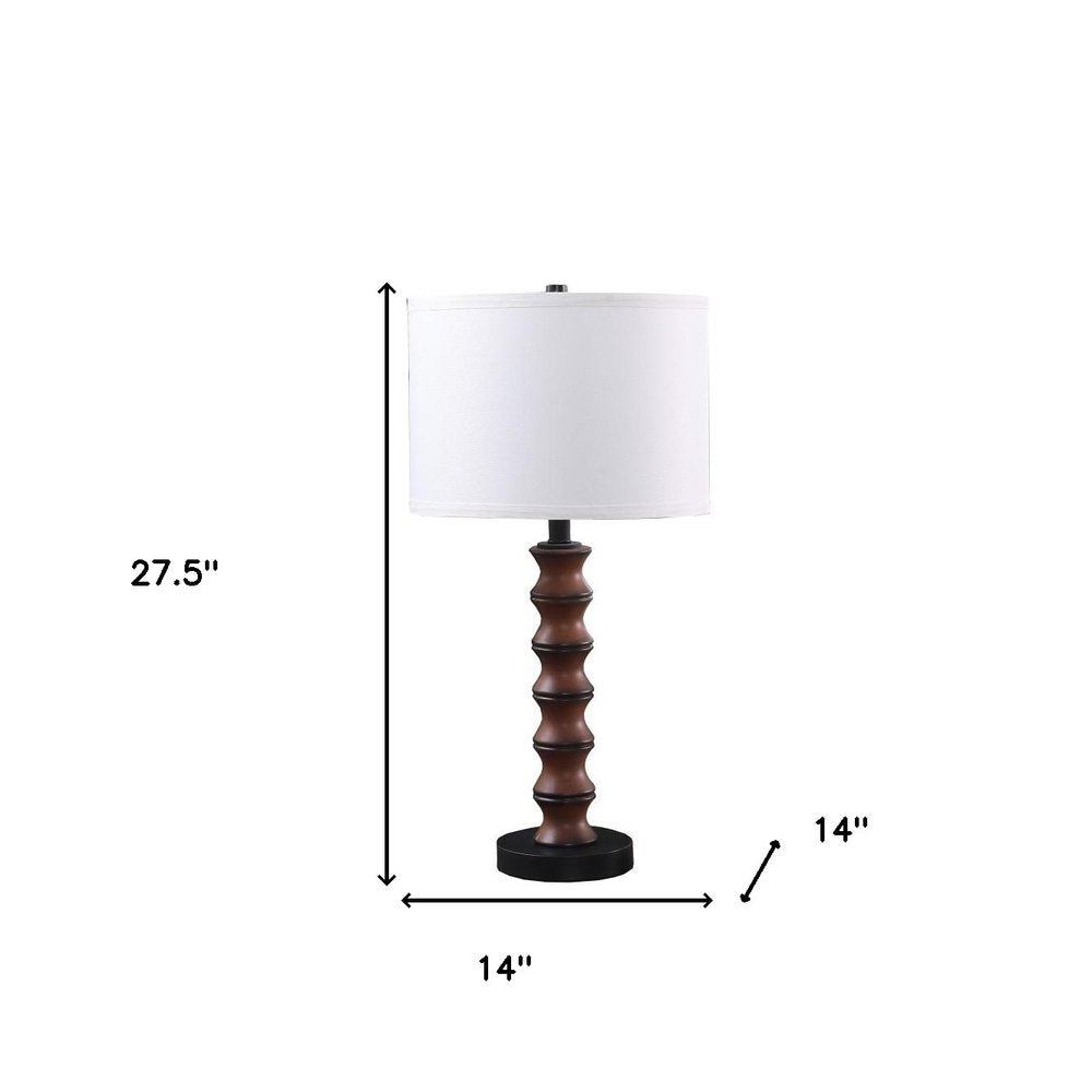 28" Dark Cherry Polyresin Indents Table Lamp With White Shade. Table lamp isolated on a plain white background, finished in white resin.