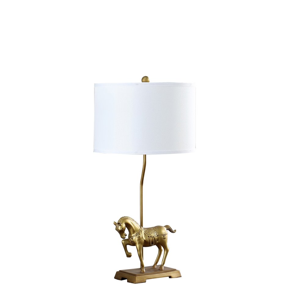 30" Gold Stallion Horse Table Lamp With White Shade. Table lamp isolated on a plain white background, finished in gold.