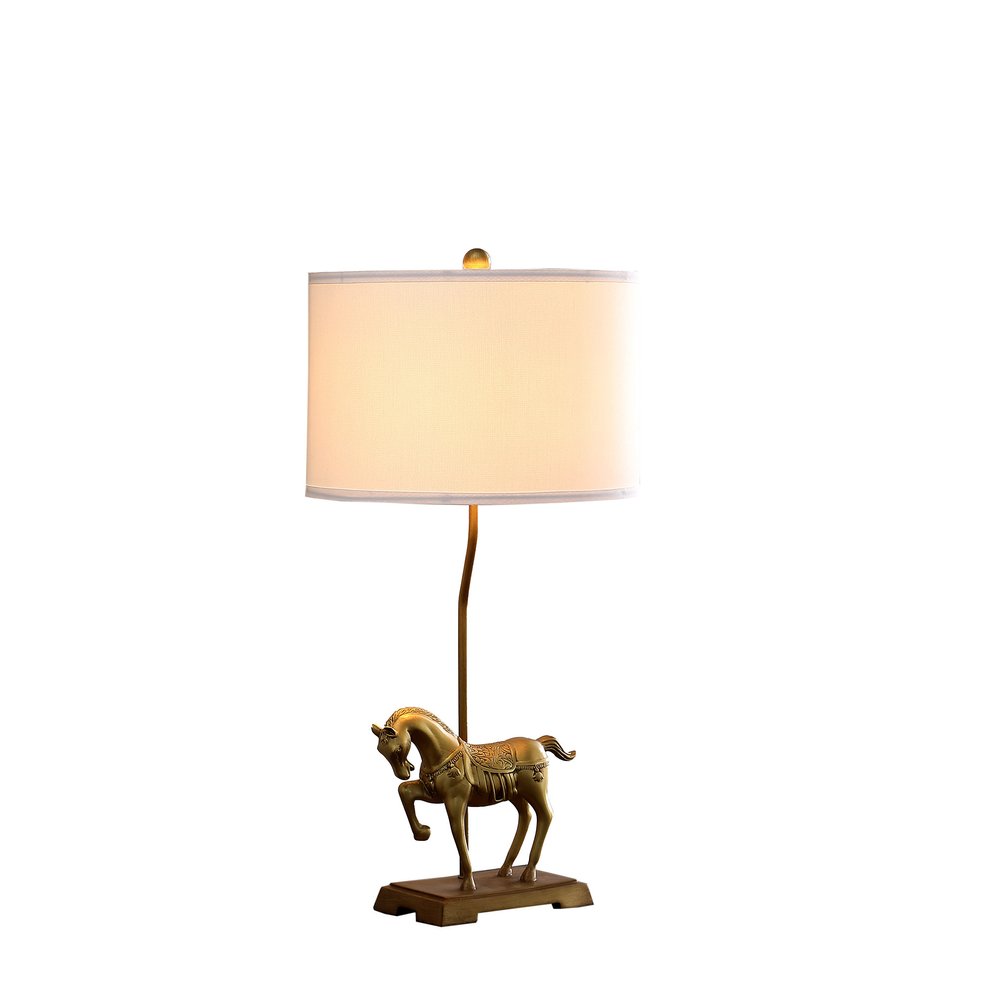 30" Gold Stallion Horse Table Lamp With White Shade. Table lamp isolated on a plain white background, in a gold finish.