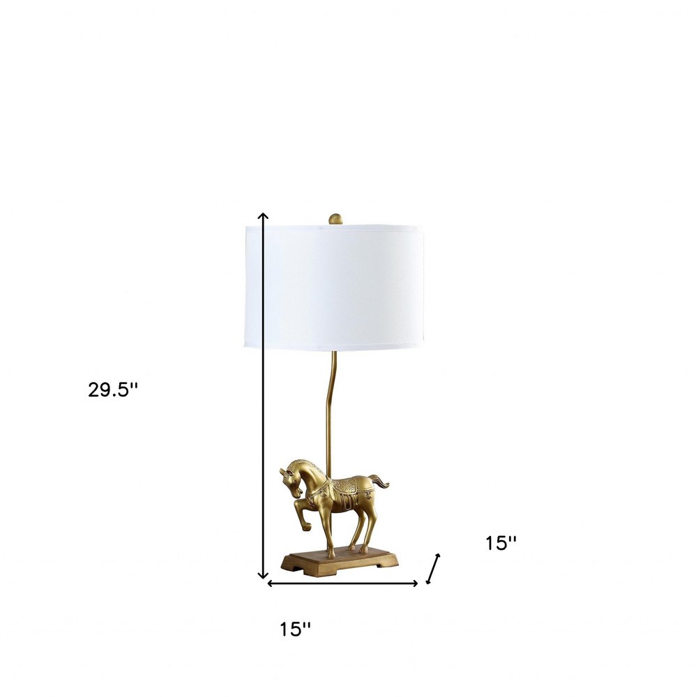 30" Gold Stallion Horse Table Lamp With White Shade. Table lamp isolated on a plain white background, finished in gold.