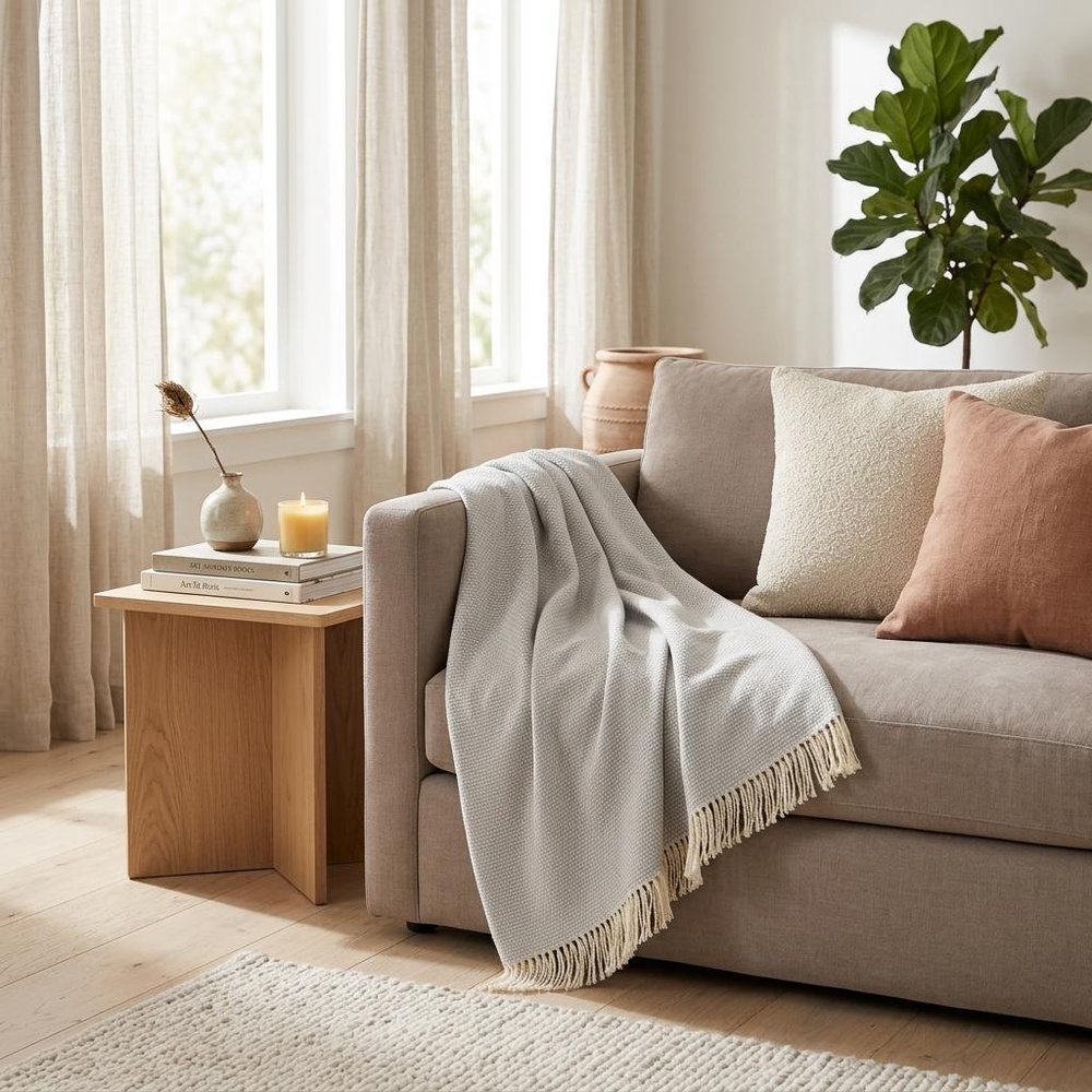 Soft Light Gray Links Pattern Throw Blanket in a home interior