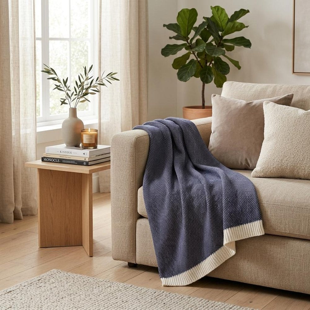 Soft Navy Blue Links Pattern Throw Blanket in a home interior