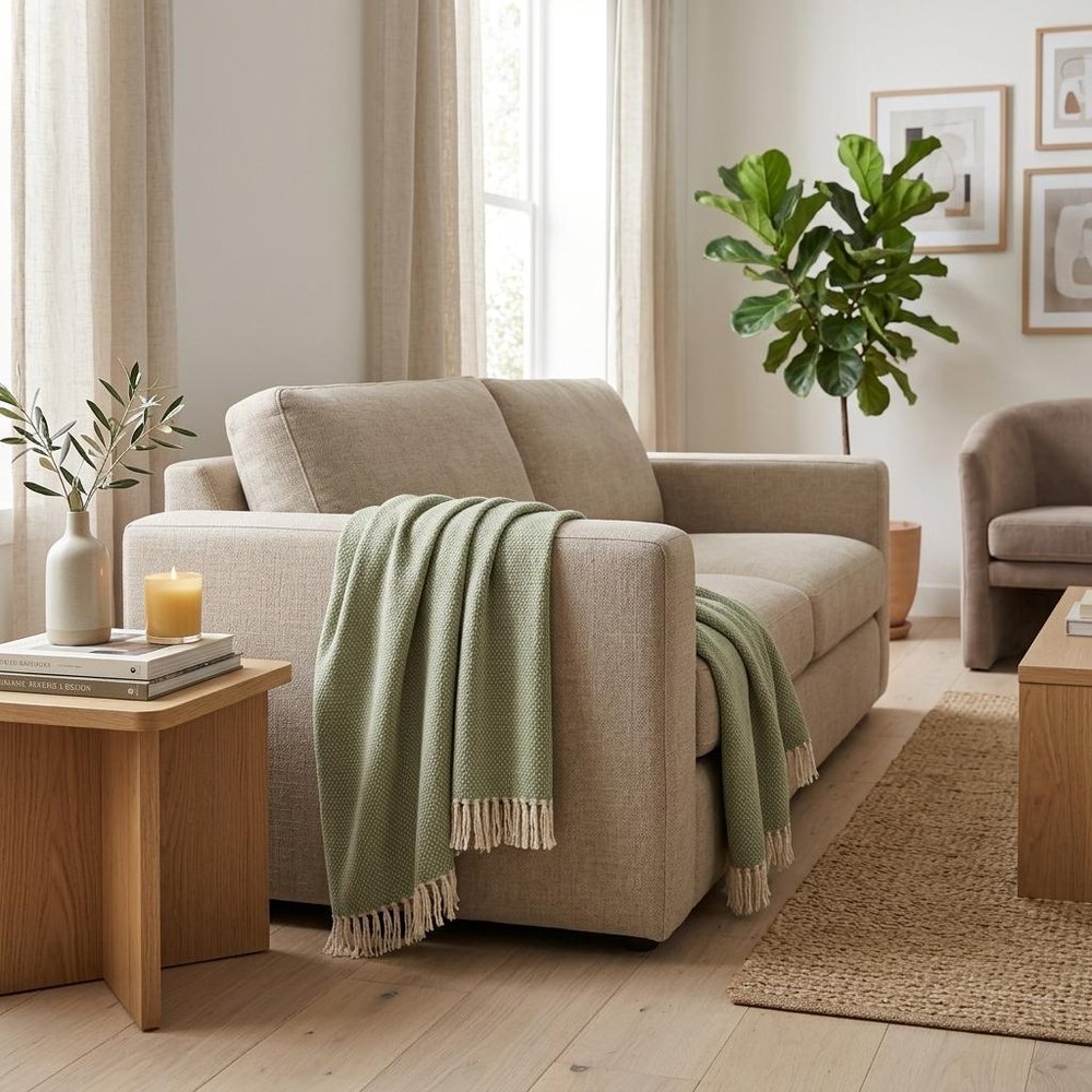 Soft Olive Green Links Pattern Throw Blanket in a home interior