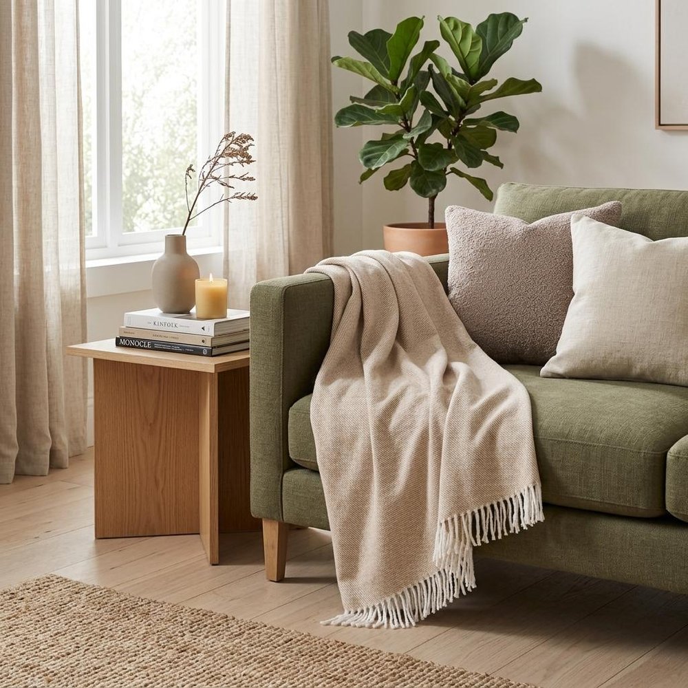 Stone Mini Dot Fringed Throw Blanket in a home interior