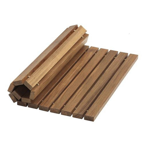 Brown teak wood rolling bath mat on a white background.