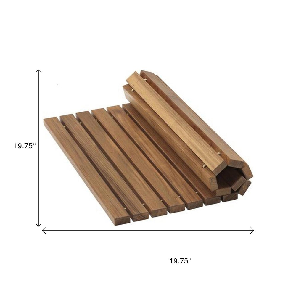 20" Brown Teak Wood Rolling Square Bath Mat. Bath rug isolated on a plain white background, in a brown teak finish.