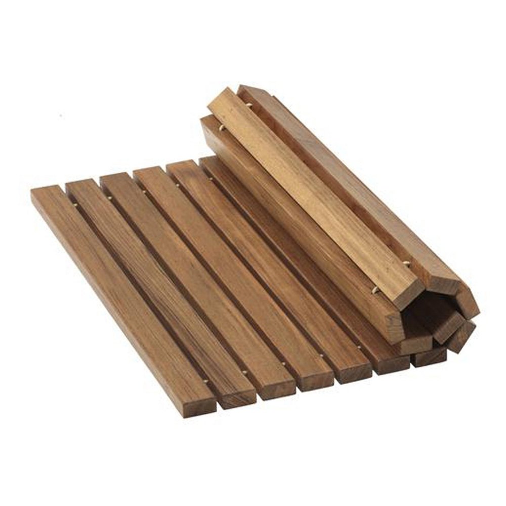 20" Brown Teak Wood Rolling Square Bath Mat. Bath rug isolated on a plain white background, finished in brown teak.