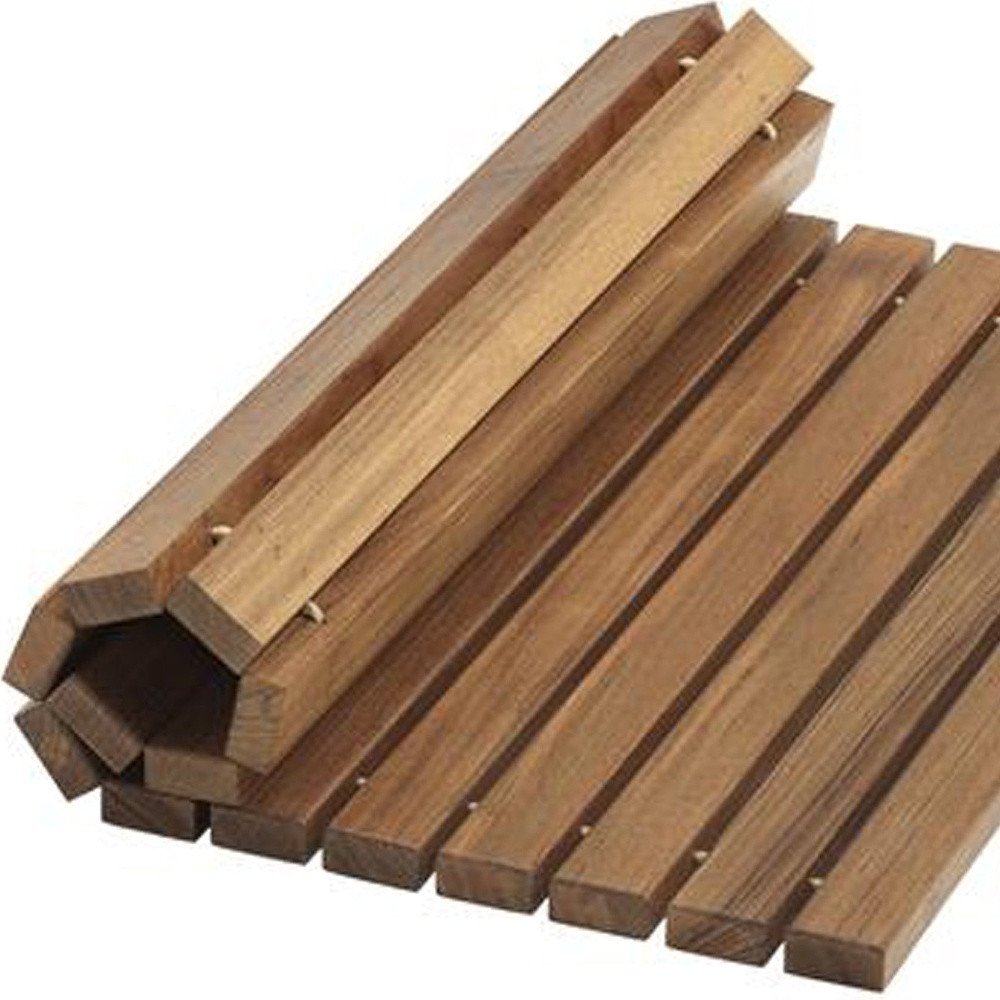 20" Brown Teak Wood Rolling Square Bath Mat. Bath rug isolated on a plain white background, in a brown teak finish.