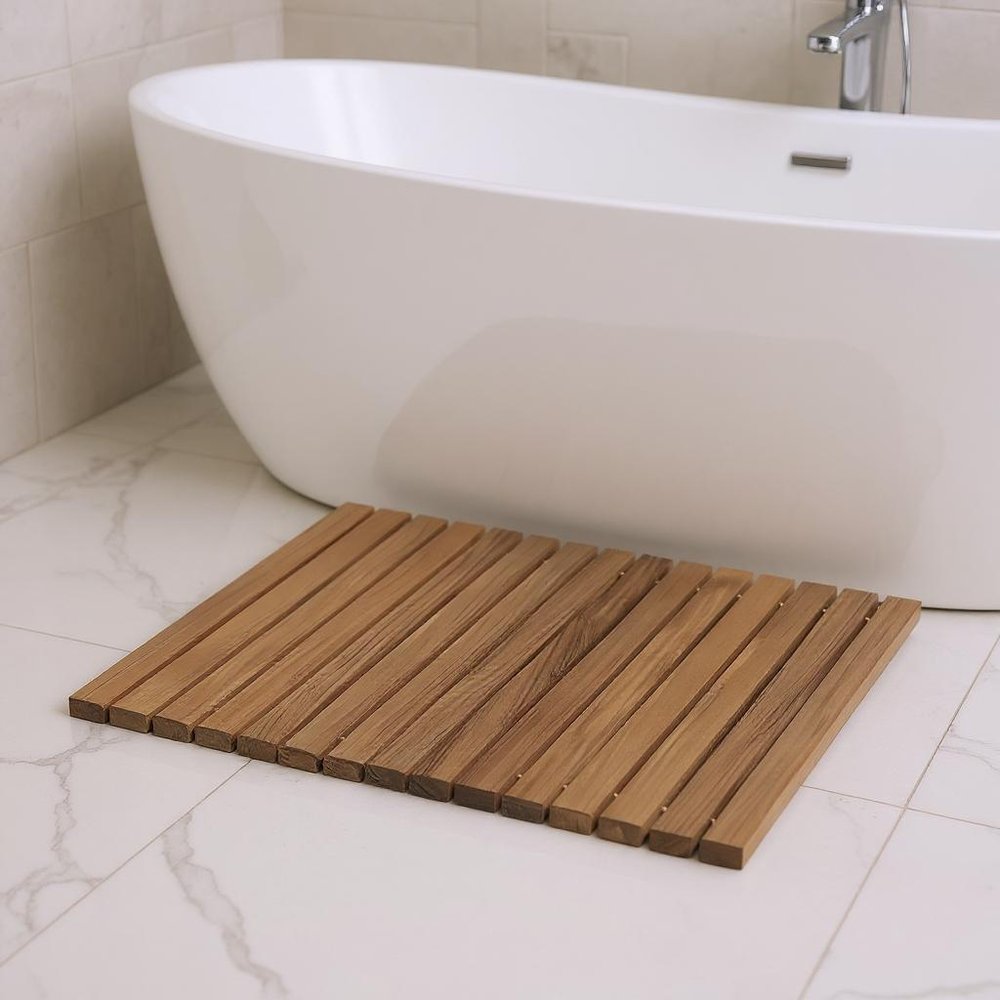 20" Brown Teak Wood Rolling Square Bath Mat. Bath rug isolated on a plain white background, showing a brown teak surface.