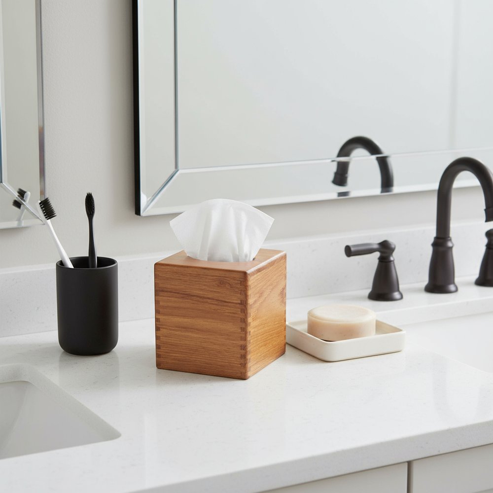 Traditional Solid Teak Square Tissue Box Cover on a white background