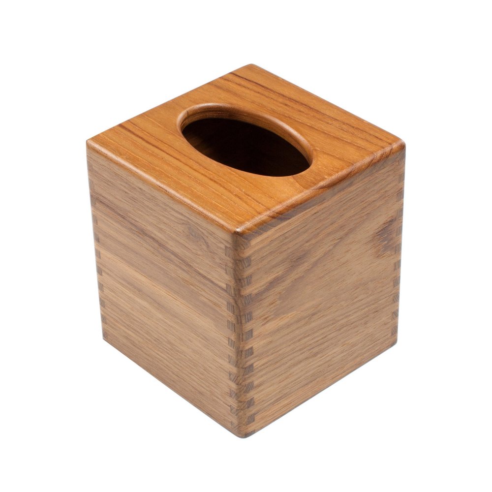 A square teak tissue box cover with an oval opening on top, set against a white background.