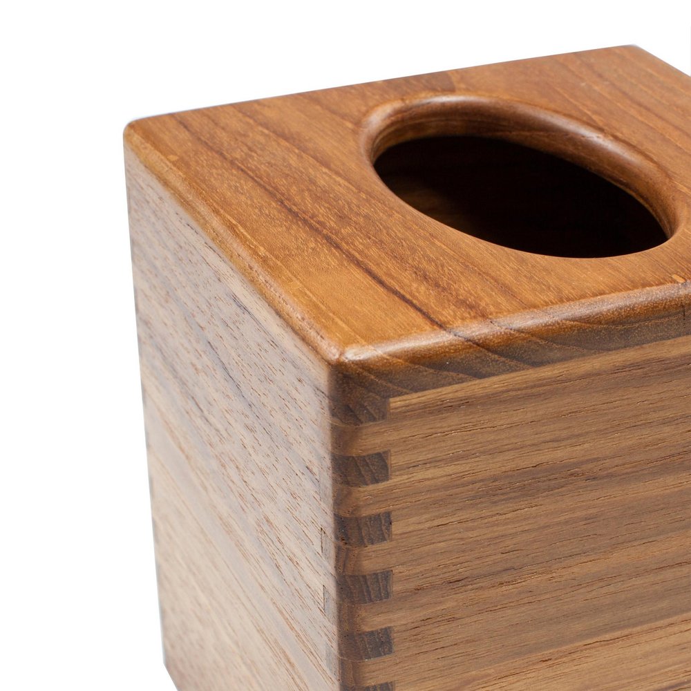 Traditional Solid Teak Square Tissue Box Cover on a white background