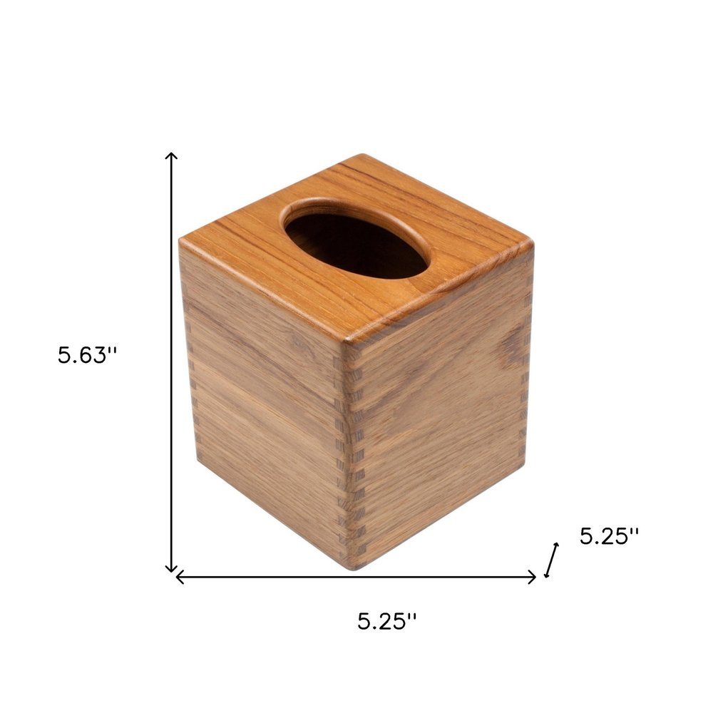 Traditional Solid Teak Square Tissue Box Cover on a white background