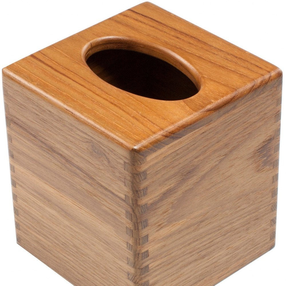 Traditional Solid Teak Square Tissue Box Cover on a white background