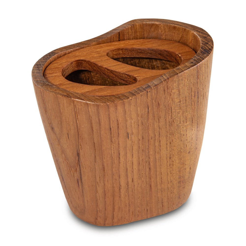 Natural brown solid teak oval toothbrush holder with two slots on a white background.