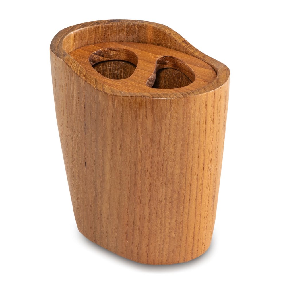 Natural Brown Solid Teak Oval Toothbrush Holder on a white background