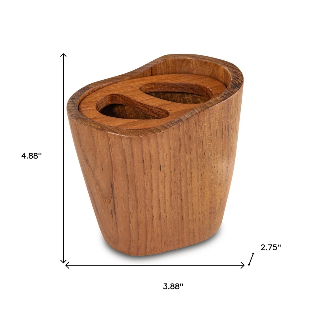 Natural Brown Solid Teak Oval Toothbrush Holder on a white background