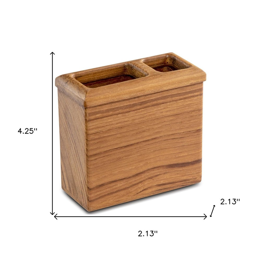Traditional Solid Teak Rectangular Toothbrush Holder on a white background