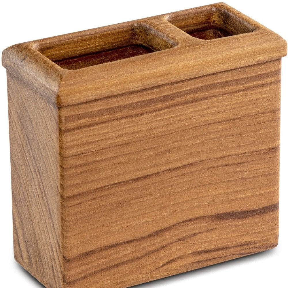 Traditional Solid Teak Rectangular Toothbrush Holder on a white background