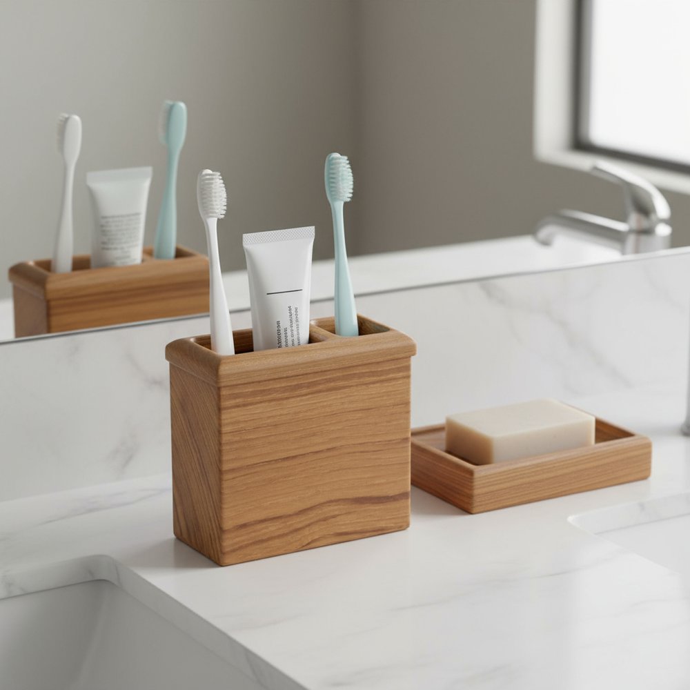 Traditional Solid Teak Rectangular Toothbrush Holder in a home interior