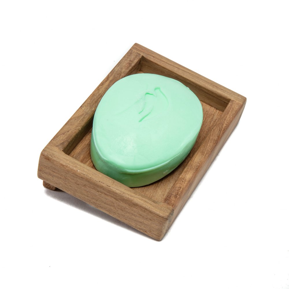 A light green bar of soap with an embossed leaf design sits in a wooden soap dish on a white background.