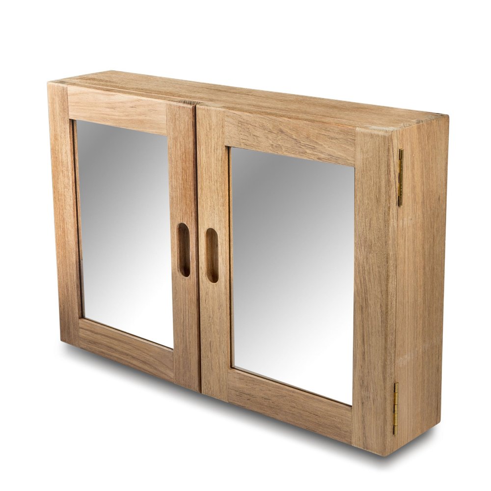 Traditional Solid Teak Double Door Mirrored Medicine Cabinet on a white background