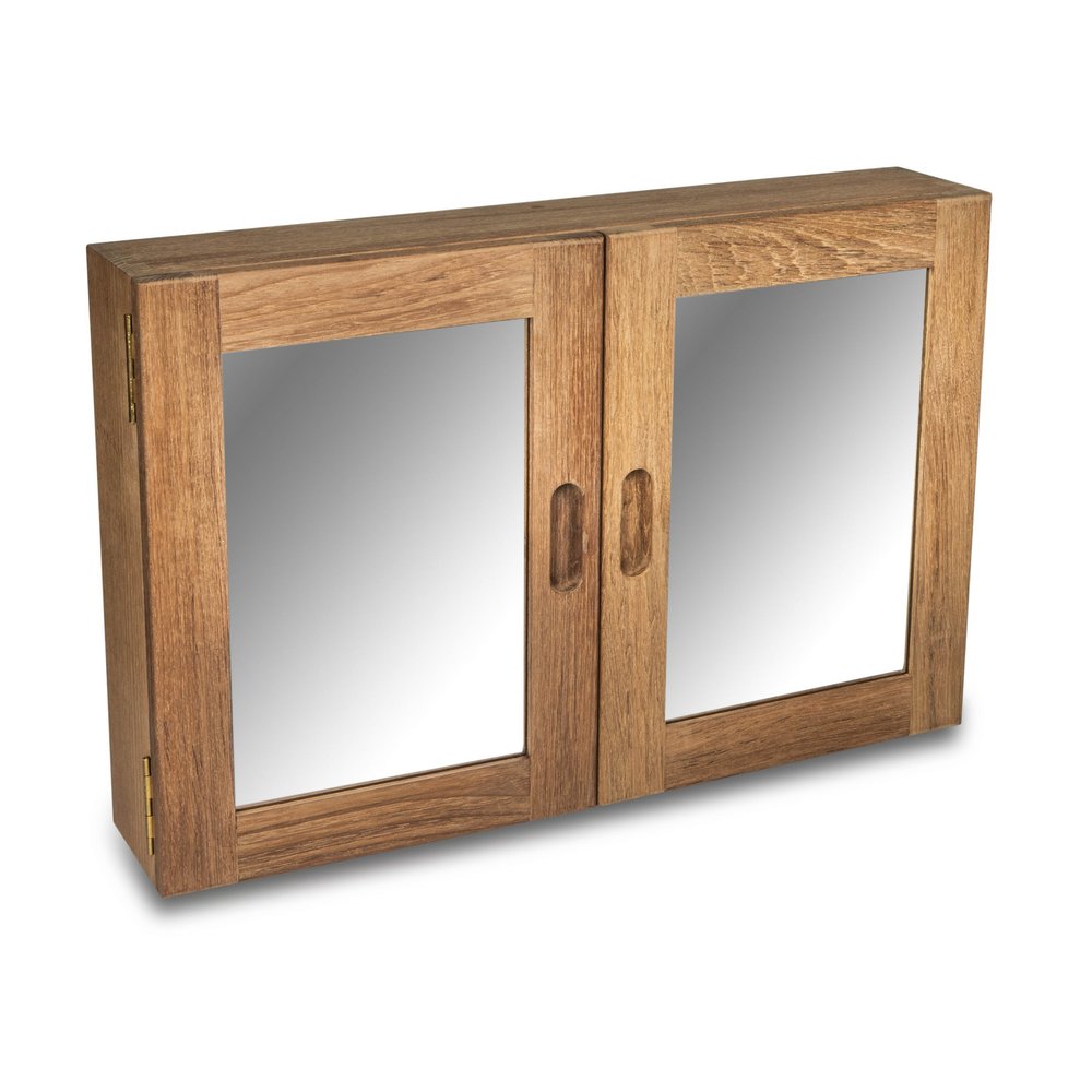Traditional Solid Teak Double Door Mirrored Medicine Cabinet on a white background