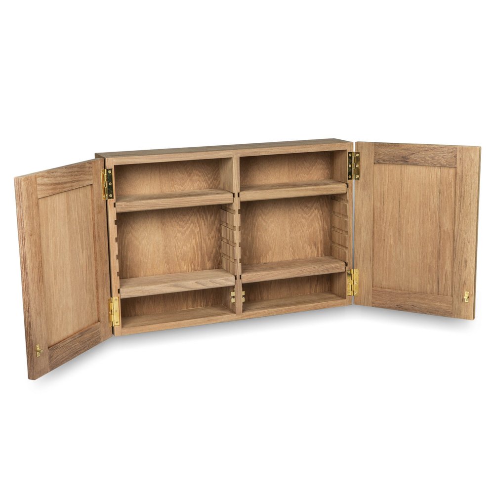 Traditional Solid Teak Double Door Mirrored Medicine Cabinet on a white background
