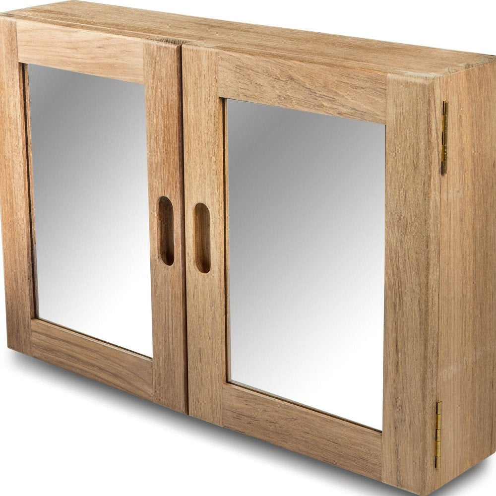 Traditional Solid Teak Double Door Mirrored Medicine Cabinet on a white background