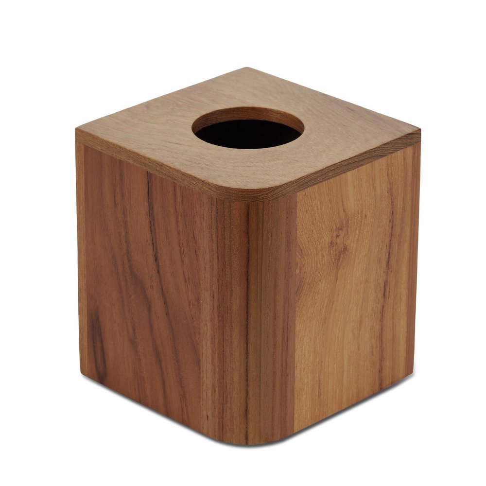 A square wooden tissue box cover made of teak with a natural wood finish on a white background.