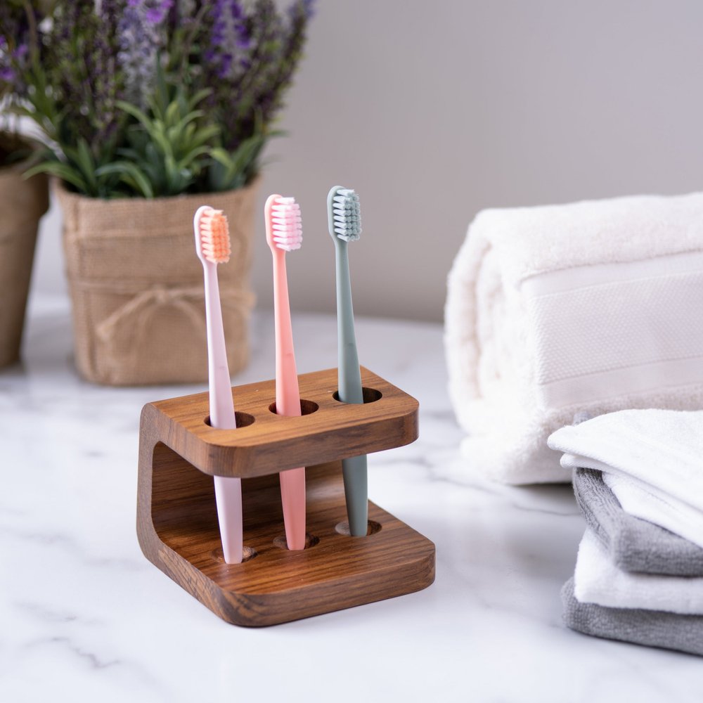 Designer Genuine Teak Toothbrush Holder close-up detail