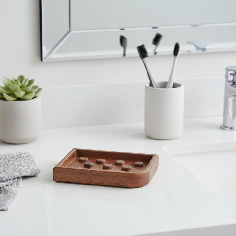 Designer Genuine Teak Soap Dish on a white background