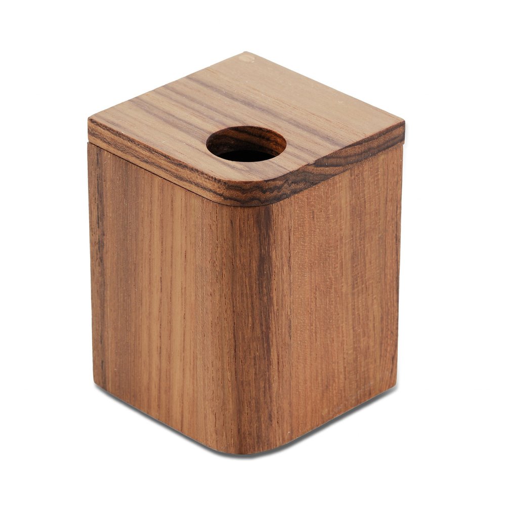 A brown wooden bathroom storage container with a hole in the top, shown against a white background.