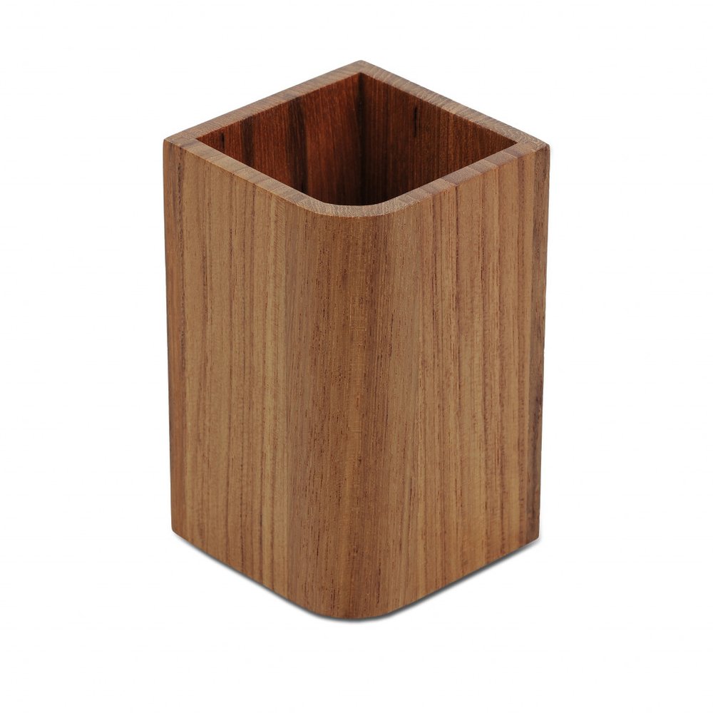 Square teak wood tumbler with rounded edges on a white background.