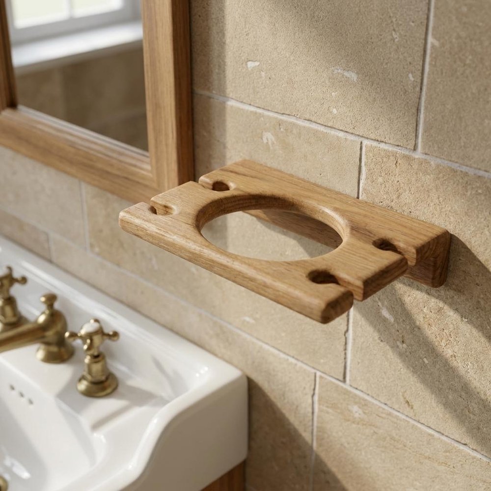Traditional Solid Teak Wall Mount Cup and Toothbrush Holder in a home interior